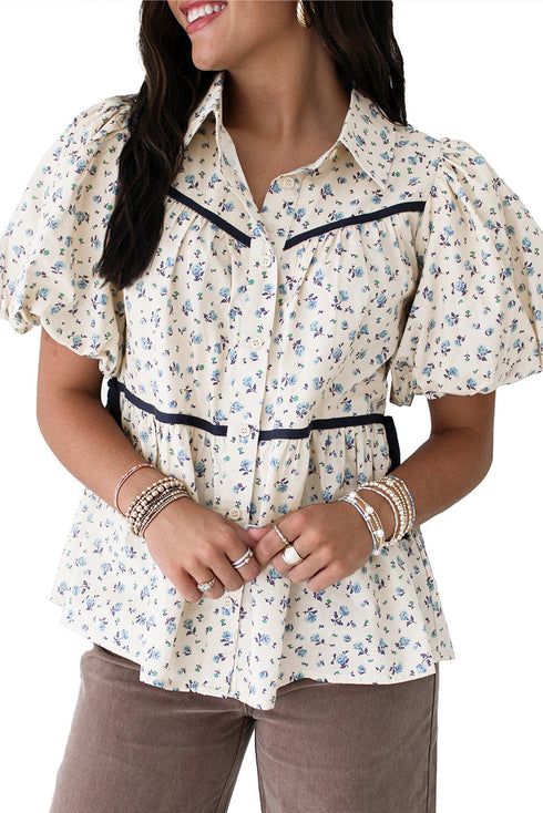 Floral Puff Sleeve Contrast Piping Button Down Blouse