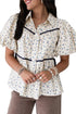 Floral Puff Sleeve Contrast Piping Button Down Blouse