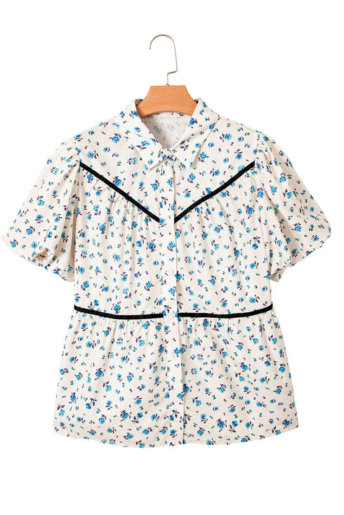 Floral Puff Sleeve Contrast Piping Button Down Blouse