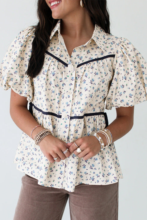 Floral Puff Sleeve Contrast Piping Button Down Blouse