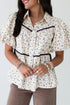 Floral Puff Sleeve Contrast Piping Button Down Blouse