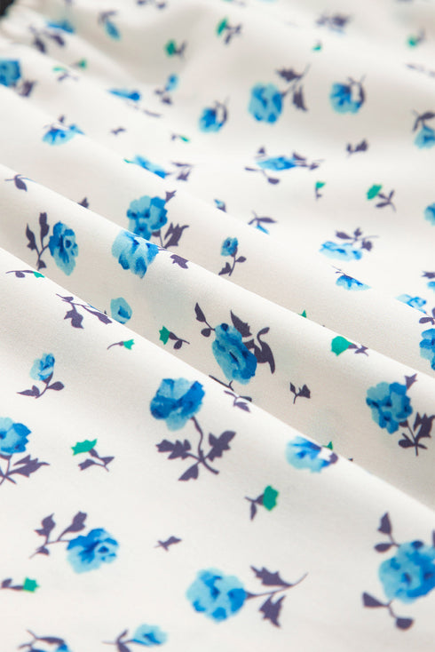 Floral Puff Sleeve Contrast Piping Button Down Blouse