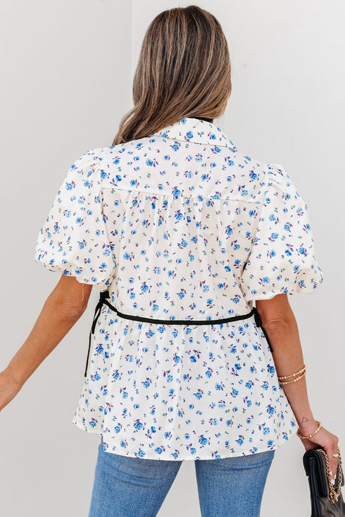 Floral Puff Sleeve Contrast Piping Button Down Blouse