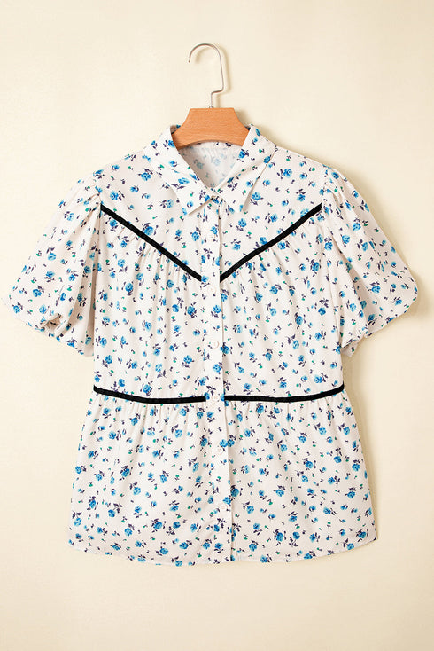 Floral Puff Sleeve Contrast Piping Button Down Blouse