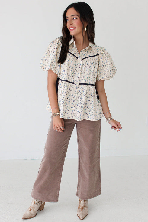 Floral Puff Sleeve Contrast Piping Button Down Blouse