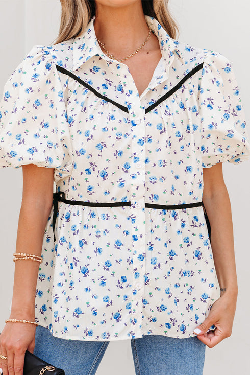 Floral Puff Sleeve Contrast Piping Button Down Blouse