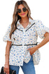 Floral Puff Sleeve Contrast Piping Button Down Blouse