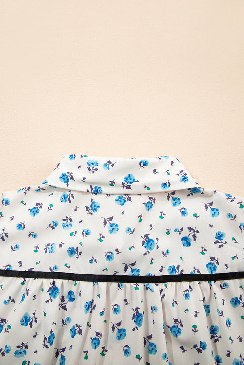 Floral Puff Sleeve Contrast Piping Button Down Blouse