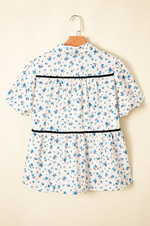 Floral Puff Sleeve Contrast Piping Button Down Blouse