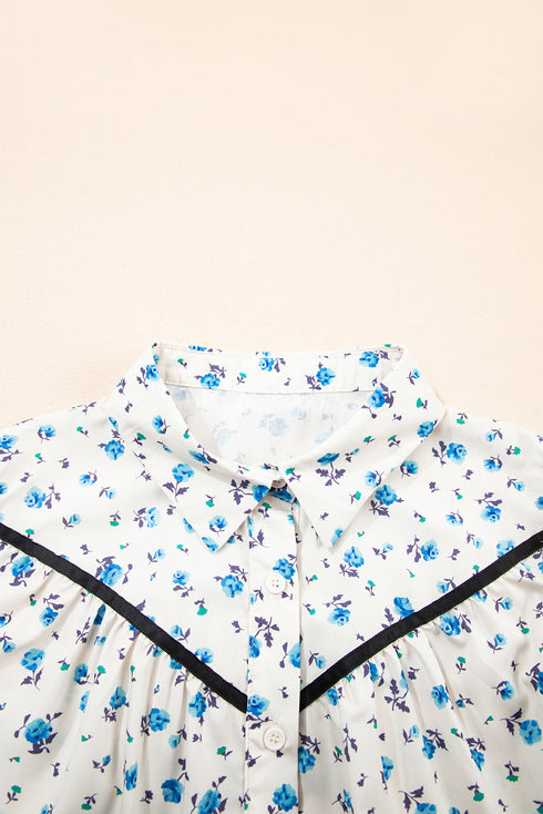 Floral Puff Sleeve Contrast Piping Button Down Blouse