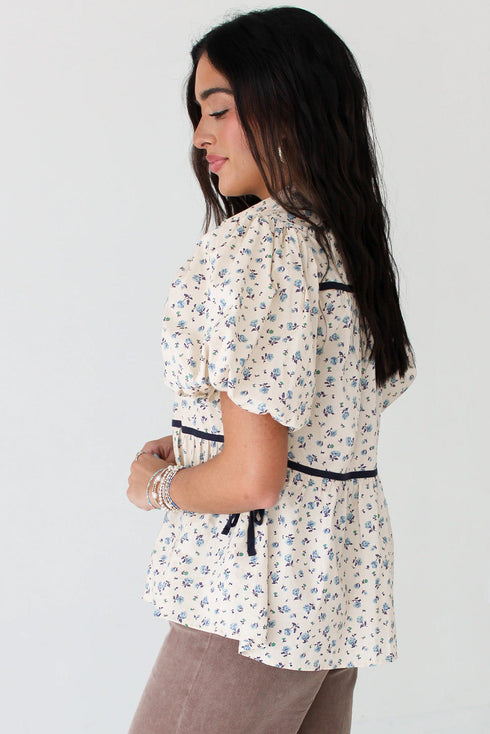 Floral Puff Sleeve Contrast Piping Button Down Blouse