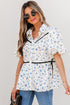 Floral Puff Sleeve Contrast Piping Button Down Blouse