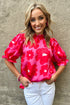 Floral Puff Sleeve Frill Neckline Blouse