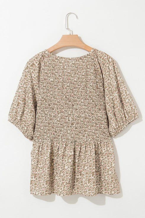 Floral Puff Sleeve Smocked Waist Peplum Top