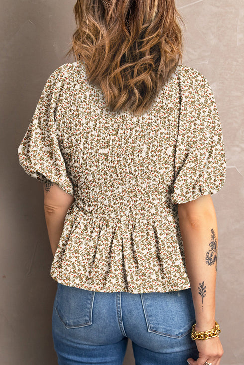 Floral Puff Sleeve Smocked Waist Peplum Top
