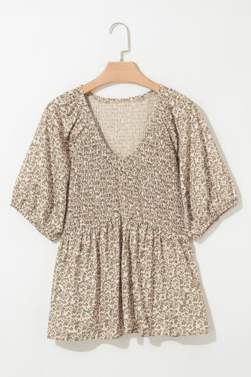 Floral Puff Sleeve Smocked Waist Peplum Top
