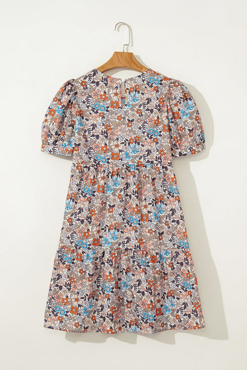 Floral Puff Sleeve Tiered Babydoll Pocket Dress