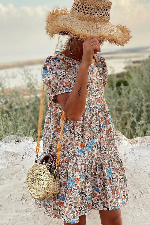 Floral Puff Sleeve Tiered Babydoll Pocket Dress