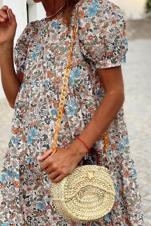 Floral Puff Sleeve Tiered Babydoll Pocket Dress
