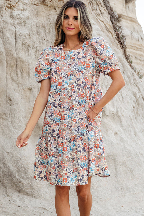 Floral Puff Sleeve Tiered Babydoll Pocket Dress