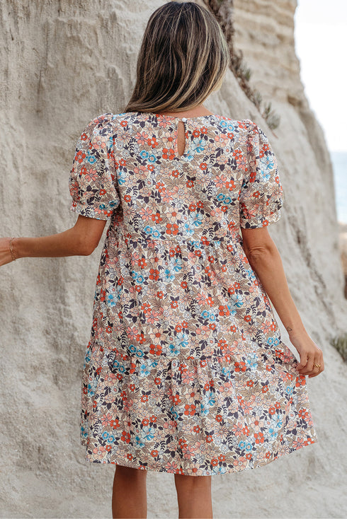 Floral Puff Sleeve Tiered Babydoll Pocket Dress
