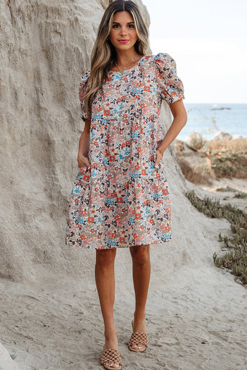 Floral Puff Sleeve Tiered Babydoll Pocket Dress