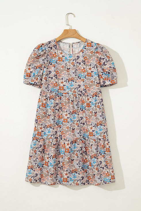 Floral Puff Sleeve Tiered Babydoll Pocket Dress