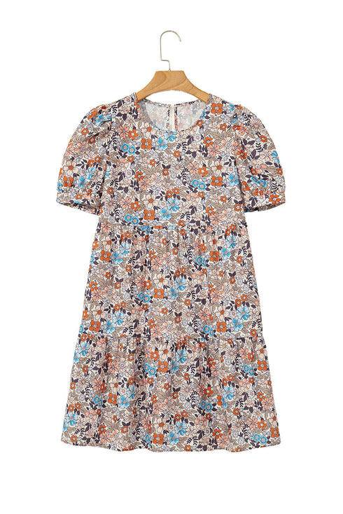 Floral Puff Sleeve Tiered Babydoll Pocket Dress