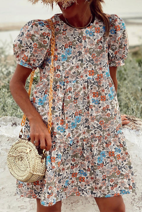 Floral Puff Sleeve Tiered Babydoll Pocket Dress