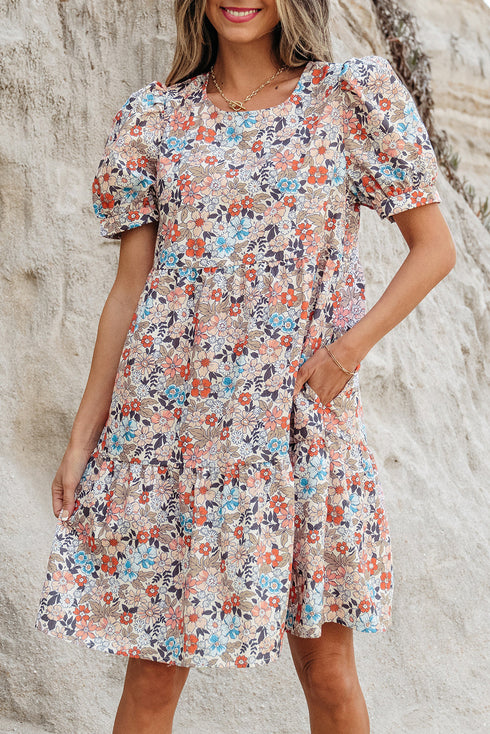 Floral Puff Sleeve Tiered Babydoll Pocket Dress