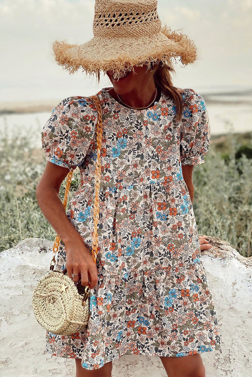 Floral Puff Sleeve Tiered Babydoll Pocket Dress