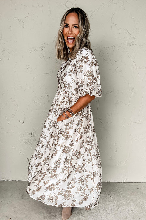 Floral Puff Sleeve V Neck Buttoned Front Maxi Dress