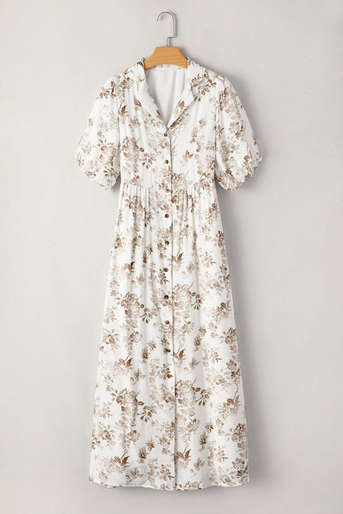Floral Puff Sleeve V Neck Buttoned Front Maxi Dress