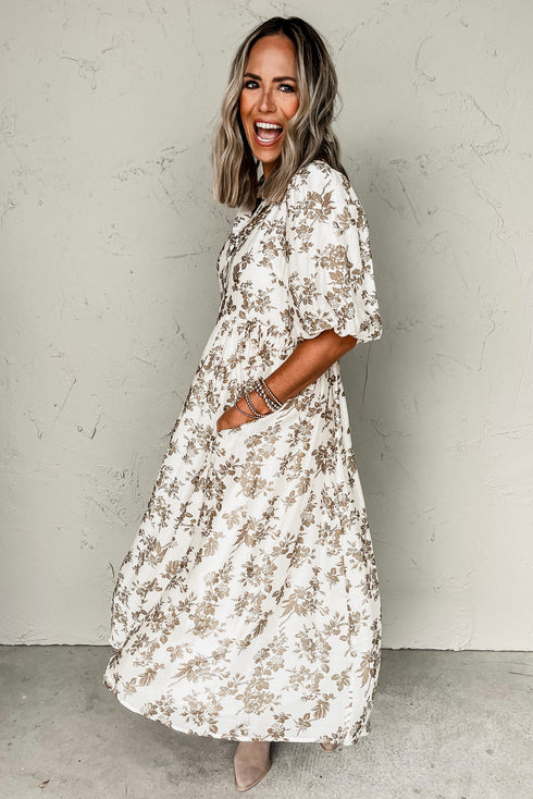 Floral Puff Sleeve V Neck Buttoned Front Maxi Dress