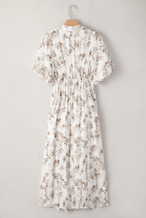 Floral Puff Sleeve V Neck Buttoned Front Maxi Dress