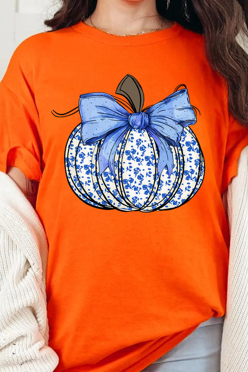 Floral Pumpkin And Bow Graphic Soft Blend Tee