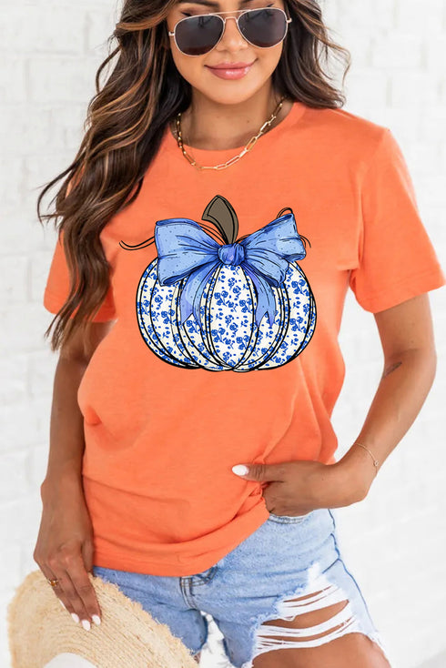 Floral Pumpkin And Bow Graphic Soft Blend Tee