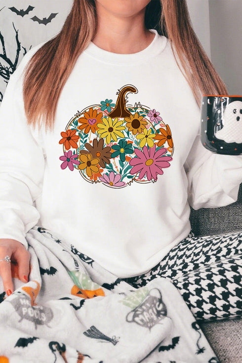 Floral Pumpkin Graphic Crew Neck Pullover Sweatshirt