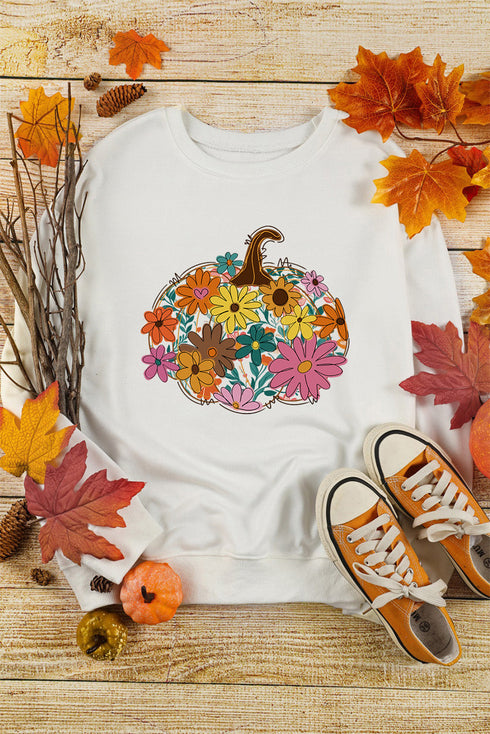 Floral Pumpkin Graphic Crew Neck Pullover Sweatshirt