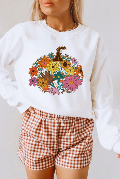 Floral Pumpkin Graphic Crew Neck Pullover Sweatshirt