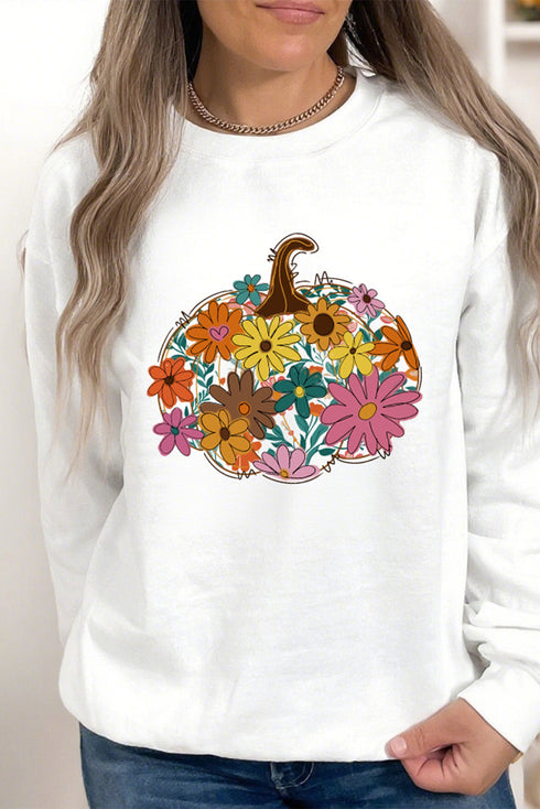 Floral Pumpkin Graphic Crew Neck Pullover Sweatshirt