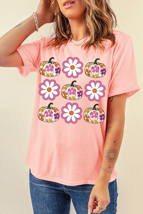 Floral Pumpkin Graphic Crew Neck Short Sleeve Holiday Shirt
