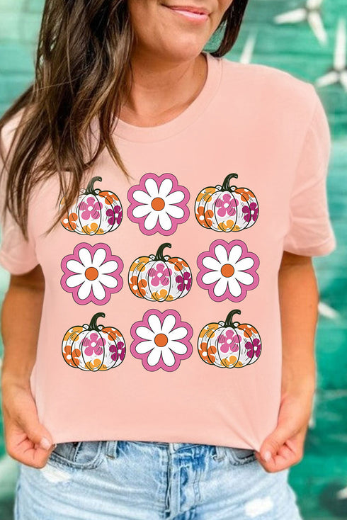 Floral Pumpkin Graphic Crew Neck Short Sleeve Holiday Shirt