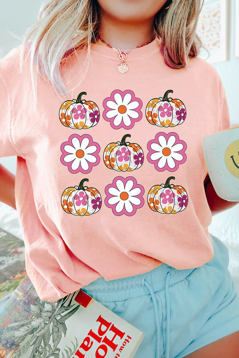 Floral Pumpkin Graphic Crew Neck Short Sleeve Holiday Shirt