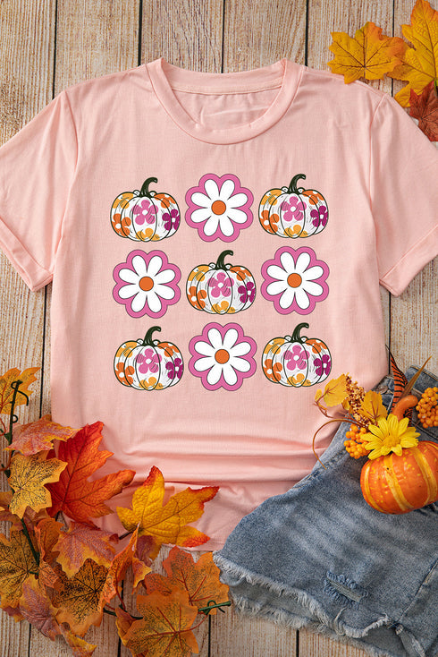Floral Pumpkin Graphic Crew Neck Short Sleeve Holiday Shirt