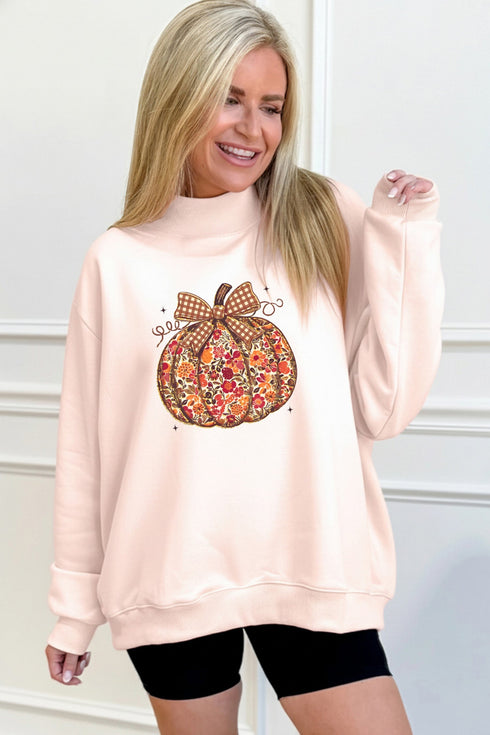 Floral Pumpkin Graphic Mock Neck Oversized Statement Sweatshirt