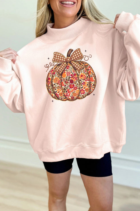 Floral Pumpkin Graphic Mock Neck Oversized Statement Sweatshirt