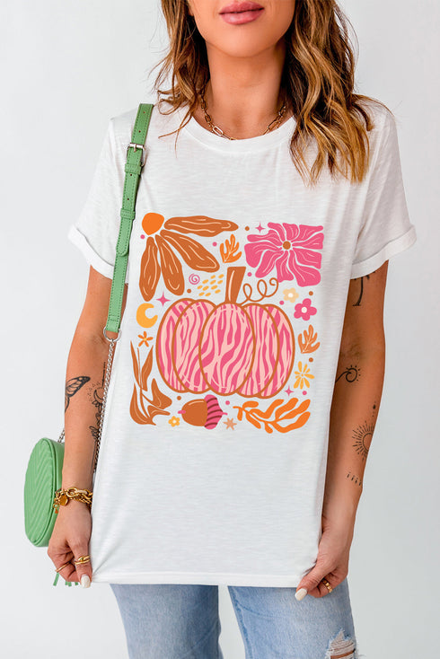 Floral Pumpkin Graphic Print Crewneck Short Sleeve Tee