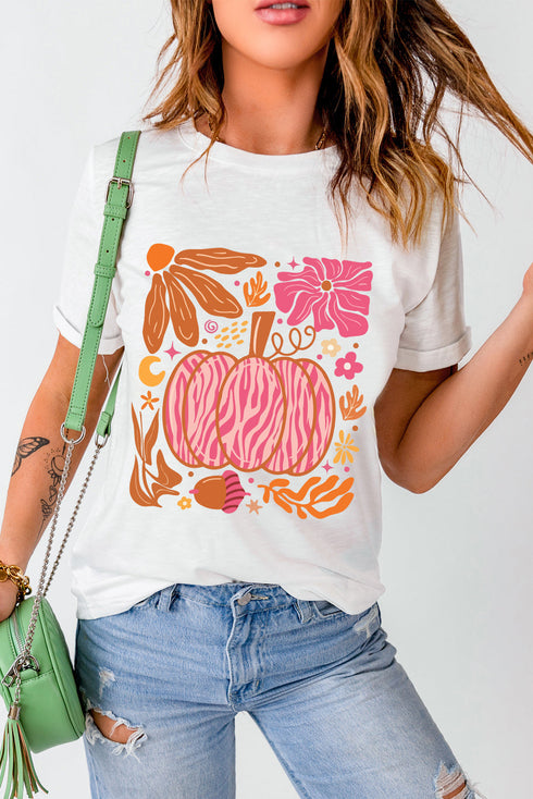 Floral Pumpkin Graphic Print Crewneck Short Sleeve Tee
