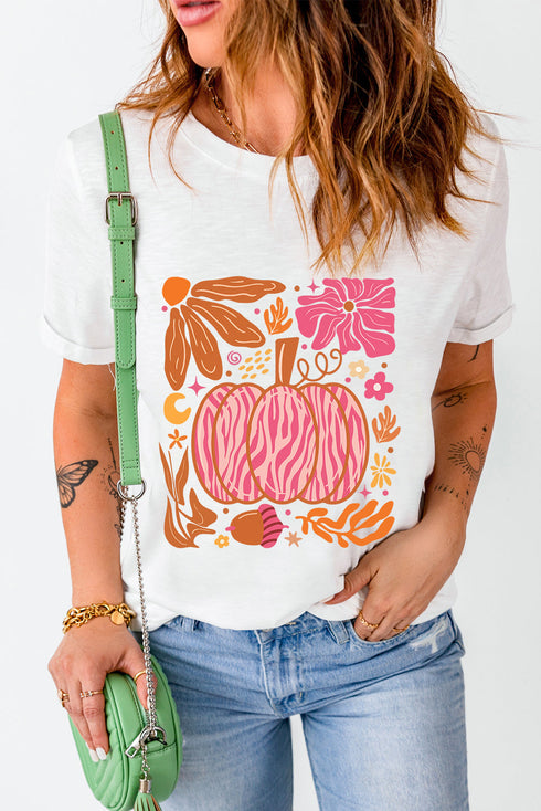 Floral Pumpkin Graphic Print Crewneck Short Sleeve Tee